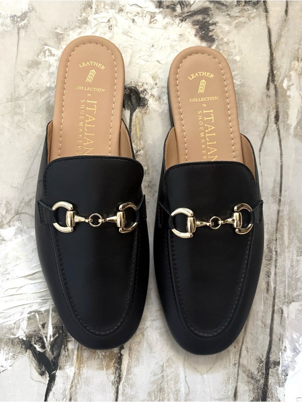 Italian Shoemakers Black Leather Mule Slides with Gold Hardware